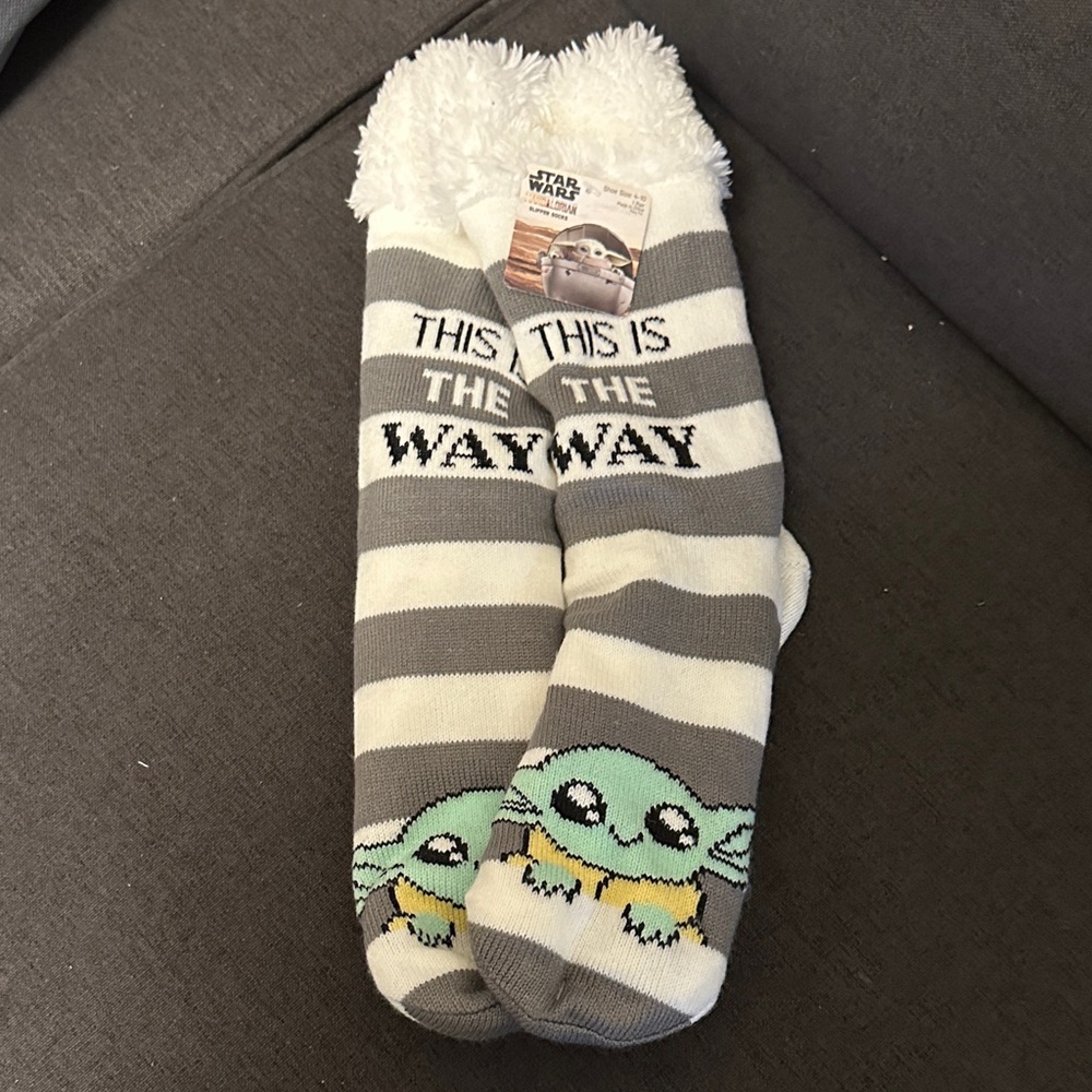 Star Wars Mandalorian Gray and White Striped Socks with Grogu Character